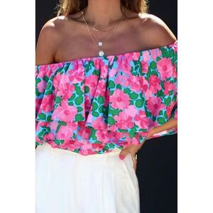 Sugarlips Floral Ruffle Crop Top S Off Shoulder Tiered Boho Pink Blue Green NWT
